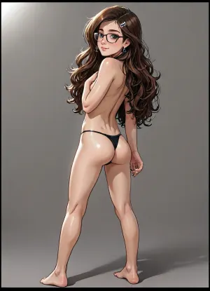 (Andava style), Melkor mancin meets gavatino art style, reiq style, Cel-shaded, inked lineart, limited color palette, full body view, (rear view), beautiful 19 year old woman, (cute face:1.6), full lips, realistic slender figure, skinny body, dark hair, (shoulder long wavy hair), bright hazel eyes, (small slender breasts, flat chest), wide dark areolas, flat stomach, skinny slender butt, warm light, (topless), (black thong), puffy pussy, (silver earrings), black framed classic glasses, extreme photorealism, vibrant colors, realistic detailed skin, tanned skin texture, sunny, telephoto lens, (extremely real), (extremely lifelike), standing, seductive pose, J3SSJ3SSU, mk_jq, <lora:J3SSJ3SSU_last:.8>, <lora:MK_jiaoqi_xl_v1.1:.8>, <lora:LCMTurboMix_Euler_A_fix:2>, <lora:EnvyCelShadedXL01:1.1>, <lora:EnvyCuteXL01v12:1.2>