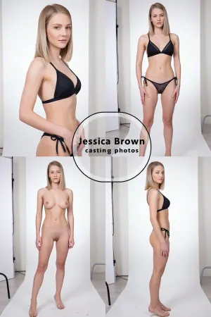 "Jessica Brown casting photos" A young woman, early twenties, with fair skin, a lean athletic build, and shoulder-length blonde hair styled in a sleek bob. She is wearing a sexy black lacy string bikini with a deep V-neckline on the top and a low-rise bottom with adjustable ties on the sides. Her posture is confident and poised. She has a slight nervous smile.In the top left, she is captured in a three-quarter profile, looking towards the viewer with a neutral, yet captivating expression. The other three images present her in full-body shots against a plain white studio background. In the top right and bottom right, she stands facing forward and then in profile, showcasing her figure. The bottom left image shows her nude, naked from the front fully naked, no clothes, completely nude. She wears clear heeled sandals. The lighting is bright, even studio lighting, with soft shadows that accentuate her form. The overall atmosphere is clean, professional, and focused on highlighting the model and her attire. Shot with a medium format camera, clean aesthetic, (fashion photography. --ar 3:4), --q 2 --s 750 --v 5.2