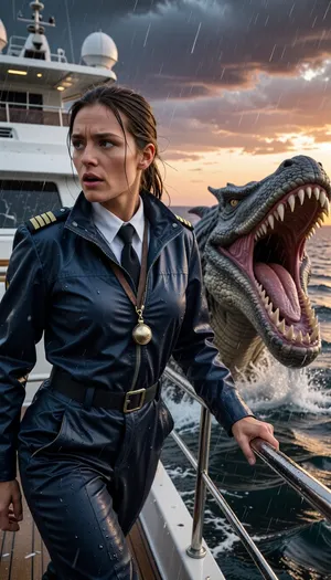 An epic cinematic photograph shot on the bow of a luxury yacht at sunset, where a female ship's captain stands on the rain-swept deck, her face a mix of shock and determination as she stares to her left. She is mid-action, wearing a high-end, tailored navy blue waterproof technical jacket with epaulets featuring captain's rank stripes and a visible brass whistle on a lanyard around her neck, not military. Her rain-soaked hair is pulled back, and she is gripping the steel rail fiercely. Emerging violently from the churning, deep grey-blue sea right next to the boat is a colossal, terrifying reptilian leviathan with a massive gaping mouth full of multi-layered jagged teeth, erupting from the water in a dynamic spray. The monster's wet, ancient scales glisten. Behind her is the modern white yacht structure with satellite domes. Dramatic stormy sunset sky with orange and purple light piercing dark clouds. Rain and sea spray saturate the air. Dynamic composition, high contrast, filmic lighting, extreme detail on her technical jacket and the monster's hide, hyper-realistic water physics.