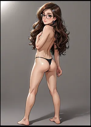 (Andava style), Melkor mancin meets gavatino art style, reiq style, Cel-shaded, inked lineart, limited color palette, full body view, (rear view), beautiful 19 year old woman, (cute face:1.6), full lips, realistic slender figure, skinny body, dark hair, (shoulder long wavy hair), bright hazel eyes, (small slender breasts, flat chest), wide dark areolas, flat stomach, skinny slender butt, warm light, (topless), (black thong), puffy pussy, (silver earrings), black framed classic glasses, extreme photorealism, vibrant colors, realistic detailed skin, tanned skin texture, sunny, telephoto lens, (extremely real), (extremely lifelike), standing, seductive pose, J3SSJ3SSU, mk_jq, <lora:J3SSJ3SSU_last:.8>, <lora:MK_jiaoqi_xl_v1.1:.8>, <lora:LCMTurboMix_Euler_A_fix:2>, <lora:EnvyCelShadedXL01:1.1>, <lora:EnvyCuteXL01v12:1.2>