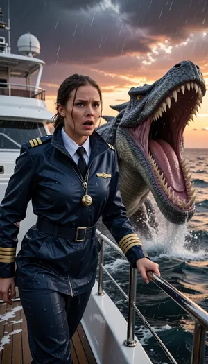 An epic cinematic photograph shot on the bow of a luxury yacht at sunset, where a female ship's captain stands on the rain-swept deck, her face a mix of shock and determination as she stares to her left. She is mid-action, wearing a high-end, tailored navy blue waterproof technical jacket with epaulets featuring captain's rank stripes and a visible brass whistle on a lanyard around her neck, not military. Her rain-soaked hair is pulled back, and she is gripping the steel rail fiercely. Emerging violently from the churning, deep grey-blue sea right next to the boat is a colossal, terrifying reptilian leviathan with a massive gaping mouth full of multi-layered jagged teeth, erupting from the water in a dynamic spray. The monster's wet, ancient scales glisten. Behind her is the modern white yacht structure with satellite domes. Dramatic stormy sunset sky with orange and purple light piercing dark clouds. Rain and sea spray saturate the air. Dynamic composition, high contrast, filmic lighting, extreme detail on her technical jacket and the monster's hide, hyper-realistic water physics.