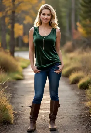 (masterpiece, best quality:1.2), 1 latin 25yo woman, (wearing a baggy moss green shimmering velvet muscle shirt, braless, washed jeans and riding boots, big earrings:1.5), brown eyes, Stetson hat, (long dyed blonde hair, all hair combed back and tied tightly into a ponytail:1.2), (sporty body with heavy hanging natural boobs:1.4), she is outdoors in autumn Colorado landscape, photorealism, beautiful sunset, smiling look, clothes, bustysophie, <lora:style_lora_realis:.5>, <lora:Detailed_female_hands-000001:.5>, <lora:bustysophie_xl_v1.1:.8>