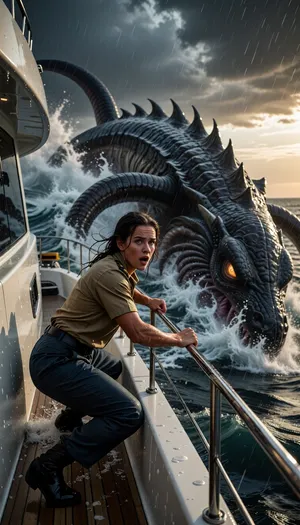Cinematic 8k action-driven photograph. A raw, dynamic shot of a determined female marine officer on the rain-swept bow of a luxury yacht. She is battling the elements, bracing herself against the rail, with an expression of shock and fierce urgency. On the side of the yacht, a colossal, terrifying sea monster violently breaches the ocean surface, creating a chaotic explosion of giant waves and white sea spray. The monster's dark, wet tentacles and glowing eyes dominate the scene. The stormy sunset light pierces through dark clouds, casting high-contrast, dramatic lighting on her soaked face and the massive, scaly monster. The composition is tense, with water spray drenching the deck and a sense of imminent danger. Gritty, hyper-realistic water physics, and sharp focus on the officer's emotional response and the monster's scales.