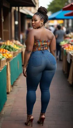 A realistic, full-body photograph from a three-quarter back perspective of a stunning, voluptuous African woman with long, twisted dreadlocks tied in a high bun. She has an extreme natural hourglass figure, featuring highly defined thick thighs and full, curvaceous hips. She is wearing perfectly fitted dark blue denim jeans and a vibrant, colorful traditional African patterned top. She is standing in a sun-drenched, beautifully lit outdoor street market with rich colors and a soft blur background. Crisp focus, photorealistic skin textures, cinematic lighting.