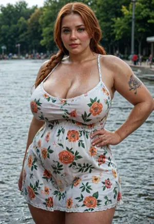 chubby voluptuous woman, exaggerated hourglass figure, one hand on hip, (4ng3l face:1.3), oval face, soft girlfriend, ginger hair, low twintails, green eyes, high cheekbones, floral sundress, chubby cheeks, massive thighs, massive ass, small nose, hyper massive breasts, hyper plump lips, teasing expression, wet sweaty skin, colorful tattoos, water park, professional photograph shot on kodak, 35mm photo, sharp focus, high budget, cinemascope, 100 mm lens, 1/250 s, f/2.8, ISO 300, <lora:detailed_notrigger:.8>, <lora:LCMTurboMix_Euler_A_fix:.8>, <lora:photorealistic_portrait_notrigger:.8>, <lora:JuggerCineXL2:2>