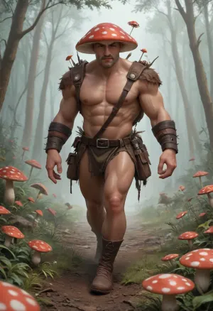 Mushroom man, fly agaric man, mutant a mixture of fly agaric and man, a race of mushroom mutants, fly agaric with a human face, with arms and legs, militant mushroom, muscular mushroom, fantasy