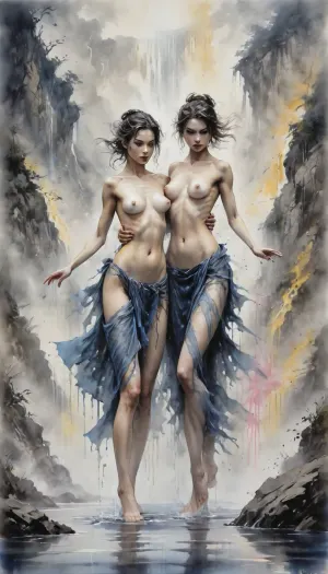 Dungeons&Dragons style, two gorgeous lascious women dancing a hot waterdance in a large open pound, bare chested, nude, Yoji Shinkawa, Luis Royo, fog waterfall background, dark blue and yellow and light pink palette, Ink, ink lines crosshatching, <lora:InkWashpainting:.8>