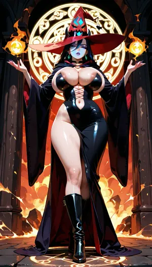 View from far away, Sexy witch, 28yo, revealing black robe, tight, cleavage, big boobs, (big boobs 0.2), red witch hat, black boots, standing, raised arms, summoning a demon, casting a spell, pentagramm on the ground, very detailed, hyperrealistic, best quality, hhpointedboots, boots, <lora:hhpointedboots:.8>