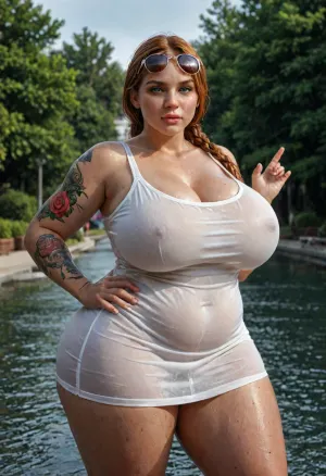chubby voluptuous woman, exaggerated hourglass figure, one hand on hip, (4ng3l face:1.3), oval face, soft girlfriend, ginger hair, low twintails, green eyes, high cheekbones, tight low cut sundress, chubby cheeks, massive thighs, massive ass, small nose, hyper massive breasts, hyper plump lips, teasing expression, wet sweaty skin, colorful tattoos, water park, round sunglasses on head, professional photograph shot on kodak, 35mm photo, sharp focus, high budget, cinemascope, 100 mm lens, 1/250 s, f/2.8, ISO 300, <lora:detailed_notrigger:.8>, <lora:LCMTurboMix_Euler_A_fix:.8>, <lora:photorealistic_portrait_notrigger:.8>, <lora:JuggerCineXL2:2>
