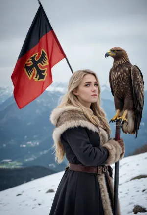 a 25 yo German woman dressed in furs on a peak of the Alps, long blonde hair, In her hands she holds a iron-sword., (On her shoulder stand a German eagle), It is snowing gently, In the background, an iron summit cross with a German flag black red gold