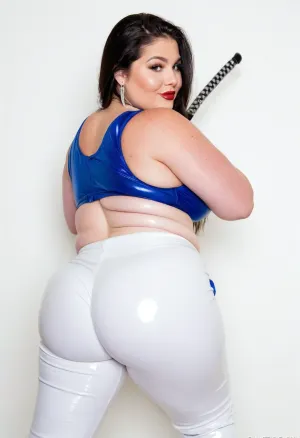 Line art, Nanami Nono 1 Power Ranger, (((plump ssbbw))), (chubby face), squared jawline, and oversized wide hips. Chubby Waist, ((Blue thight glossy shiny Overall)), confident smile, ., (Massive fat bust), chubby waist, Freckles on face. Bright grey eyes, Long eyelash. Strong fat arms, Slim lips, lipstick., (White jogpants), black straight hair, Big earrings. Katana sword, Leaning backwards, sexy posing., studio lighting, perfect fingers, fully clothed