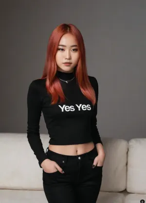 glossy orange red pink hair, long bob hair, 19yo girl, japanese face, black longsleeve shirt, black denim, ((small white text logo "YES")), black choker, slightly open mouth, serene expression, stands infront of you, hands on hips, black couch, white background, full body, focus on face, looking at viewer