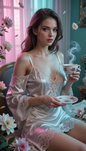 A hyper-realistic portrait of a graceful woman in an elegant silk negligee, seated in a room. Surrealism, the morning light filtering through the curtains is soft neon pink and turquoise, and fresh flowers float weightlessly around her. She holds an elegant porcelain teacup, the steam from which forms tiny clouds. Her expression is confident and dreamy, her eyes hyper-detailed and realistic. Muted colors, desaturated tones, Artstation style, digital painting, 8K, intricate lace textures, serene atmosphere.