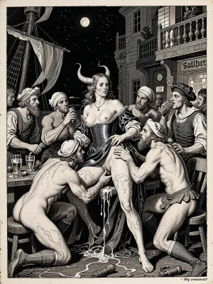Create an illustration for a 17th century tale. Main character is a seductive woman, many men, Nymphomanic succubus has allured half a dozen sailors for an all night orgy, drunk men gangbang the alluring mature prostitute in her salong, men stripping her, grobed, all her holes filled with dirty cocks, semen, sodomy, doublepenetration, upstairs of a sailor pub, 17th century hooker wear, sailors, drunk, ink illustration depicting sinful lust of drunk men, night, enlightenment era manuscript, litography, main character in the middle of the image, medieval art, scene gets darker towards image edges, rough litography style rasterizations, drawn by hand, black and white