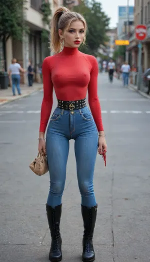Back view, girl, european asian girl, flat, chested, blonde, belly piercing, high ponytail, bracelets, earrings, extreme daisy dukes, skinny, glossy red lipstick, (high waist tight jeans:1.6), (thigh high boots:1.5), bimbo makeup, studded belt, boots, jacket, travelling bag, on a street, close up, huge, ass, breasts, hips, narrow, waist, supermodel, big, lips, 4ng3l, face, <lora:flat_chested_v3.5:1.4>, <lora:BodyLicious:1.2>, <lora:Beautify-Supermodel-SDXL:2>, <lora:SDXL_BetterFaces-LoRA_v1:1.6>, 4ss_p4nts, shiny, pants, <lora:Ass_Pants_XL:.8>