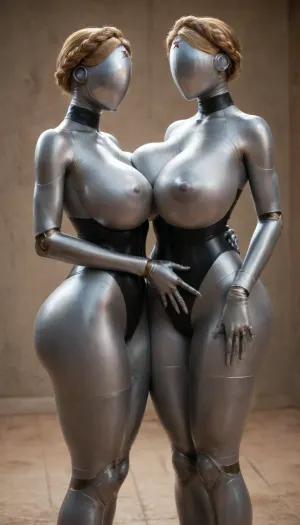 2girls, twins from atomic heart, full metallic body, full metallic robot body, full metallic skin, faceless, no eyes, no mouth, no nose, mega busty, massive huge mega breasts, massive tits, gigantic breasts, erected nipples, black nail polish, black choker, ultra beautiful woman, ultra detailed textures, perfect long legs, long and hard nipples, big roung bubble butt, bulging ass, hour glass figure, thick thighs, beautiful long legs, BadX, woman, robot, joints, blond, hair, thighhighs, redstar, on, forehead, bodysuit, thigh, gap, large, breast, reflexion, metallic, modeling, groping, cupping, squeezing, fingering, faceless kissing, (gorgeous twin partner:1.2), 3/4 side view, looking at viewer, asymmetrical, <lora:Venus_Body_Alpha:.8>, <lora:Twins1024:.8>, <lora:EnvyMetallicXL01:.8>