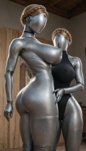twins from atomic heart, full metallic body, full metallic robot body, full metallic skin, faceless, no eyes, no mouth, no nose, mega busty, massive huge mega breasts, massive tits, gigantic breasts, erected nipples, black nail polish, black choker, ultra beautiful woman, ultra detailed textures, perfect long legs, long and hard nipples, big roung bubble butt, bulging ass, hour glass figure, thick thighs, beautiful long legs, BadX, woman, robot, joints, blond, hair, thighhighs, redstar, on, forehead, bodysuit, thigh, gap, large, breast, reflexion, metallic, modeling, standing doggystyle, bent over, (vaginal sex:1.6), (heavy ejaculating:1.4), groping, cupping, squeezing, gorgeous random human Futanari partner, 3/4 side view, <lora:Venus_Body_Alpha:.8>, <lora:Twins1024:.8>, <lora:EnvyMetallicXL01:.8>