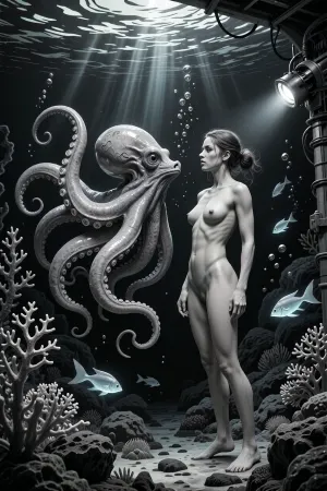 In the mysterious depths of the ocean, a 25 years old, nude, deep-sea researcher and a majestic three-meter octopus hover in the weightlessness of the deep sea, Both are positioned gracefully, the researcher upright and the octopus facing her, their bodies gently floating and separated in the underwater expanse. The researcher and the octopus lock eyes, capturing a moment of mutual curiosity and wonder. The octopus’s tentacles are intricately detailed, while its head and expressive eyes remain distinct, ensuring a clear separation between the two. The scene is brought to life by the interplay of the research station’s light and the natural bioluminescence of the deep-sea creatures, highlighting every detail in photorealistic quality. Corals, rocks, and other underwater elements enhance the mystical atmosphere, creating a breathtaking and magical underwater encounter, (glowing fishes:1.3), Dramatic lighting from both the station and the diver’s own equipment accentuates the scene, creating a captivating and immersive atmosphere., firm buttocks, ultra-sharp details, realistic skin texture, refined contrast, 8k detail, authentic facial expression, clean composition, (maximum photo quality:1.4), (maximum resolution:1.5), Black, and, white, art, pencil, shading, charcoal, drawing, toned, paper, brutal, b/w, color, scheme, highly detailed various background, DonMSp3ctr4lXL