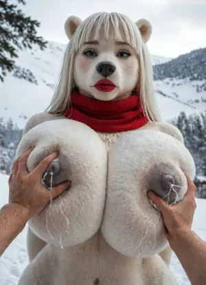 Masterpiece, high Quality, simple background, Best Quality, snow beach, ((anthro female, polar bear woman, Beautiful face, white hair, hair fringe, thick lips, red lips, her arms behind back)), gray nipples, ((gigantic spherical breasts:1.15)), lean body, (white body, glossy glistering body:1.2), (female wearing red scarf), (((furry art, anthro woman))), blue eyes. dutch angle, dynamic angle, breast focus, female focus, upper body, from below, standing, top pull, (((grabbing another's breast, squeezing both breasts, lactation))), 1boy, human male pov, light skin, arm hair, detailed background, <lora:LCMTurboMix_Euler_A_fix:.8>