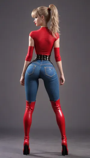 (3/4 rear view:1.5), (full body view:1.5), girl, european girl, flat, chested, blonde, high ponytail with straight bangs, extreme daisy dukes, skinny, glossy red lipstick, (high waist tight jeans shorts:1.6), (thigh high boots:1.5), bimbo makeup, studded belt, boots, on a street, close up, huge, ass, breasts, hips, narrow, waist, supermodel, big, lips, 4ng3l, face, <lora:flat_chested_v3.5:1.4>, <lora:BodyLicious:1.2>, <lora:Beautify-Supermodel-SDXL:2>, <lora:SDXL_BetterFaces-LoRA_v1:1.6>, 4ss_p4nts, shiny, pants, <lora:Ass_Pants_XL:.8>