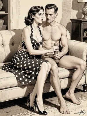 (Line art:2), (monochrome sepia ink drawing, no other color:2), (black and white:2), very stylized background., (1man 1girl), (picture of a young virgin America lady from the 1950s giving a handjob on the sofa to a well hung young man, with cock out), She is wearing a 1950s swing style A-line dress with a plunging halter neck and with polka dots. They are sitting close together, side by side, on the sofa, she is obediently stroking his cock and horny, her tits are out and the man is groping her big beautiful breasts, side view, correct anatomy, cock drawn with exquisite attention to detail, faces and hair drawn with exquisite attention to detail, her face is glowing with anticipation

fake eyelashes, louboutin high heel shoes, stylized sepia ink drawing, pen and ink technique, with cross-hatching and line work. Style of Stramaglia. Style of Bruno LeCoq. Style of Gotha. Drawn using line drawing and cross-hatching techniques to create volume, depth, and shadows. Drawn on textured paper. Fine lines and shading are visible throughout the drawing. Pen and ink style. Fine marine ink, fine pen and ink lines, surgical precision strokes in the fine details and firmness in the details of the thicker lines. Precise pen shading, ink drawing.