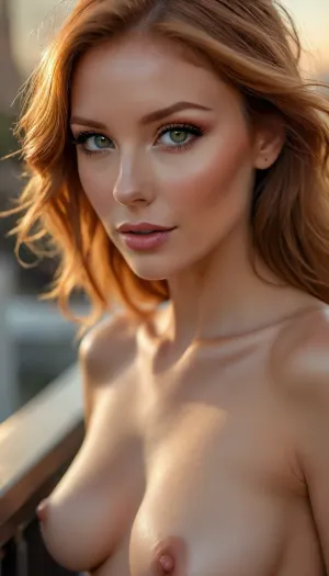masterpiece, best quality, ultra detailed, photorealistic, 8k raw photo, intimate portrait of a beautiful nude redhead woman, 25 years old, elegant face, defined jawline, sensual expression, looking into the distance, bare chest, soft natural breasts, elegant neck and collarbone, perfect skin texture, leaning slightly forward in a sexy and inviting pose, from below and side angle, close-up from waist up, standing on a luxury penthouse balcony at golden hour, warm amber glowing light caressing her skin, dramatic cinematic lighting, soft shadows, molten gold highlights, breathless sensual atmosphere, erotic tension, shallow depth of field, luxurious background slightly blurred, moody yet warm color grading, subsurface scattering, realistic skin details, <lora:attractive_notrigger:.9>, <lora:add-detail-xl:.7>, <lora:BUT_SDXL_SHS:.6>