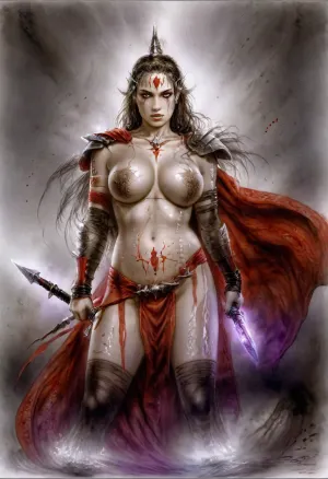 Dungeons & Dragons style, beautiful woman, warrior queen of Sparta, huge breasts, huge hips, hourglass body, wearing Spartan armor, skirt with rough red fabric, wet-on-wet ink drawing, alcohol, Abstract_modern_ink, Yoji Shinkawa, Luis Royo, purple and gray palette, cross-hatched ink lines, Luis, Royo, <lora:Luis_Royo:.8>