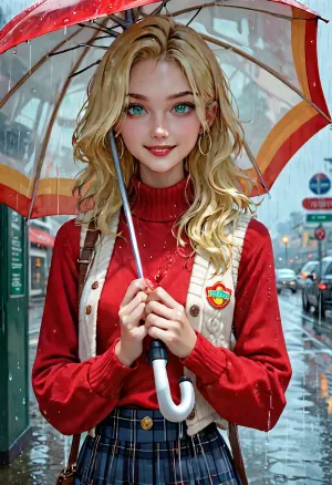 Super skinny 18 yo girl with gigantic perky firm tits, red sweater vest, dark blue plaid skirt, gorgeous cascading voluminous green and blonde hair, rainbow eyes, watercolour portrait, pouring rain, holding umbrella, incredible detail, setting is a rainy bus stop on a very dark and gloomy day, girl is looking at the viewer with a crooked smile, in, the, style, of, fl0r4lstyl3, <lora:Floral_Watercolour:.9>