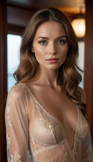 Cinematic 8k photo. A close-up portrait of a stunningly beautiful woman in a luxury yacht cabin. She wears a delicate, sheer transparent silk negligee with intricate floral lace embroidery on the fabric. Her long hair catches the golden light, creating a soft glow. The transparency of the silk reveals her glowing skin through the lace details. She stands against the polished mahogany walls of the cabin, with a brass porthole in the background. Warm atmospheric lighting, sharp focus on her face and the textures of silk and lace. High resolution, realistic skin, masterpiece.