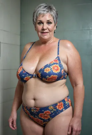 ((((Obese)))), 67 year old woman, (((floral swimming costume)), (((cleavage))), standing in shower, makeup, (((arrogant))), (((((ugly))))), ((((dominant))))), pixie cut, grey hair, (((((((wet))))))), full body, smiling, (((sunburnt)))