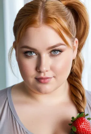 (((Obese, chubby, girly, Young Woman, ssbbw, (busty), sports wear, pony tail, mesmerizing eyes, light grey eyes, fat fingers, strawberry blonde, straight bangs, flirting with viewer, shy smile))), An ultra-detailed romantic fine art portrait of an elegant person bathed in soft morning light. Long eyelashes, silk, satin, thick lipgloss Mother-of-pearl, The scene is bright, airy, and filled with warm natural sunlight streaming through large windows or sheer curtains. A dreamy and emotional atmosphere is created through soft pastel tones, creamy skin colors, and delicate highlights. The face is razor-sharp with extremely detailed eyes, realistic skin texture, and finely rendered hair strands, while the background melts into a smooth creamy bokeh. Gentle volumetric lighting, subtle glow effects, and soft light reflections give the image an almost magical appearance. Flowing elegant clothing made of silk or linen moves slightly in the warm breeze, enhancing the graceful and intimate mood. Captured like a high-end full-frame cinematic photograph with shallow depth of field, ultra-realistic, soft focus, airy aesthetic, dreamy atmosphere, natural elegance, emotional expression, subtle lens flare, high dynamic range, timeless beauty, 8k, masterpiece quality, highly detailed, photorealistic.