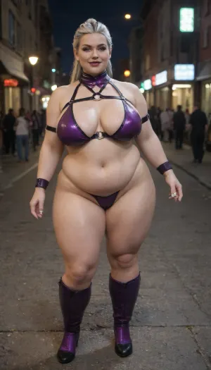 Woman, Sindel, Mortal Combat, ninja, fighting position, full body, naked tits, standing in dark night street, black and violet ninja latex costume, black latex shoes, violet latex harness on the body, perfect sagging tits, big breast, bbw woman, huge natural tits, belly, wide hips, happy face, white hair, hair big ponytail, deep focus, realistic details, ISO 100, realistic pictures, unique graphics, 8k, wallpaper, megachubbysxd, perfect body, kitana, sindel, Frost, Mortal, Kombat, megachubsdxl, morbidly, obese, <lora:mk11_1:.8>, <lora:Frost Mortal Kombat:.8>, <lora:megachubsdxl_13:.8>