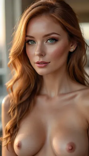 masterpiece, best quality, ultra detailed, photorealistic, 8k raw photo, intimate portrait of a beautiful nude redhead woman, 25 years old, elegant face, defined jawline, sensual expression, looking into the distance, bare chest, soft natural breasts, elegant neck and collarbone, perfect skin texture, leaning slightly forward in a sexy and inviting pose, from below and side angle, close-up from waist up, standing on a luxury penthouse balcony at golden hour, warm amber glowing light caressing her skin, dramatic cinematic lighting, soft shadows, molten gold highlights, breathless sensual atmosphere, erotic tension, shallow depth of field, luxurious background slightly blurred, moody yet warm color grading, subsurface scattering, realistic skin details, <lora:attractive_notrigger:.9>, <lora:add-detail-xl:.7>, <lora:BUT_SDXL_SHS:.6>