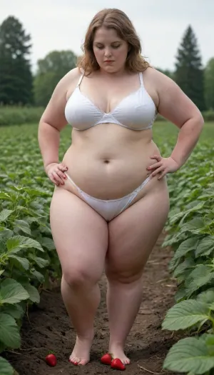 Fat woman in big white pantaloons and white bra digging in a strawberry patch, huge ass