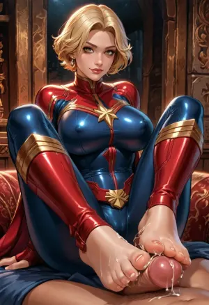 Captain Marvel from Avengers, beautiful, huge breasts, huge thighs, reiq style, glowing yellow eyes, pixie haircut, footjob, dominant smirk, cum, <lora:LCMTurboMix_Euler_A_fix:.8>