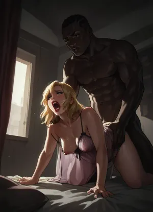 (teary:1), doggystyle, transparent negligee, one breast exposed, red lipstick, eyelashes, makeup, (bedroom:1), sweaty, (big muscular african man:1.2), (interracial sex:1.3), (chubby:1.1), (screaming:1.3), (brute:1), head down, Ghibli, bed, angle, blonde hair, no lights, medium breasts, (pale skin), (milf:1), darkness, kingofthehill, style, (Sketch:1.2), messy, lines, traditional, sketch, unfinished, hatching, (texture), <lora:dark:.8>, <lora:kingofthehillstyleXL_v.10.1:.8>, <lora:Anime_Sketch_SDXL:.8>, <lora:M05_Intensify:.8>