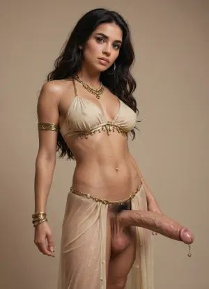 Indian futa belly dancer, displaying their super long penis. Straight hair, long hair, medium breasts, solo, large balls, huge cock, massive dick, very long cock, enormous cock, extremely long penis, pubic hair, carmel skin color, hands behind head, cock under clothes