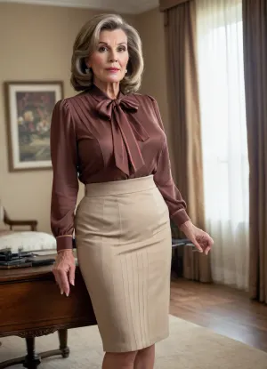 Classy american gilf, confident, solid, mega busty, ultra elegant minimalistic simple formal silk business bow blouse, fancy pleated skirt, pantiehose, high heels, huge ultra saggy breasts, brown striped hair