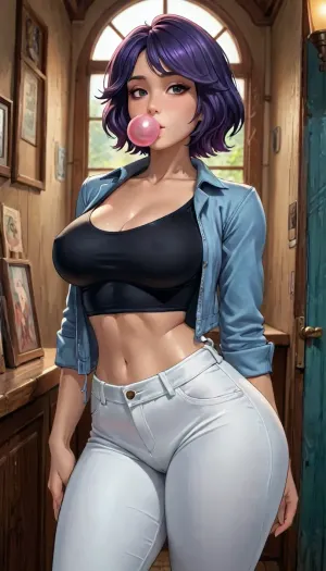 Go go Tomago from big hero 6, reiq style, big breasts, big thighs, bubble gum, makeup, black and purple hair, <lora:LCMTurboMix_Euler_A_fix:.8>