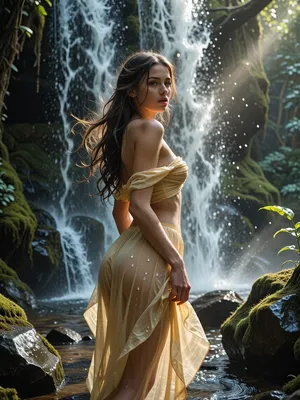 A stunningly beautiful woman standing at the base of a cascading waterfall, her long, flowing hair gently lifted by a light breeze. She wears a semi-transparent yellow dress that clings softly to her form, catching the mist from the waterfall. The waterfall occupies the background and the woman centred in the foreground. Golden-hour lighting casts warm highlights on her skin, while soft shadows add depth. The colour palette blends vibrant greens of surrounding moss and foliage, crystal blues and whites of the waterfall, and warm honey tones of sunlight. Rendered in hyper-realistic, cinematic style with detailed textures of water droplets, wet rocks, and fabric movement. The atmosphere is serene and slightly mystical, capturing motion in the falling water and the gentle sway of her dress. High quality, high detail.