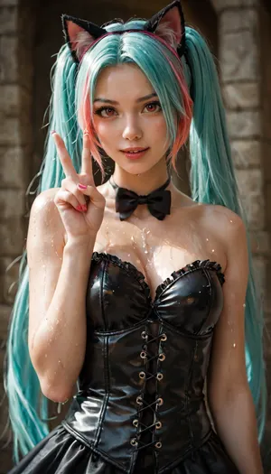 Masterpiece, anime style, 8K, ultra-detailed. Mint from Neverness to Everness mixed with Hatsune Miku. She has turquoise hair with pink highlights, cat ears, red eyes. She wears a black corset outfit with white details. She is standing in a sexy pose, one hand making a peace sign. Her outfit is stylish and detailed. Wet look, 8K resolution, high quality.