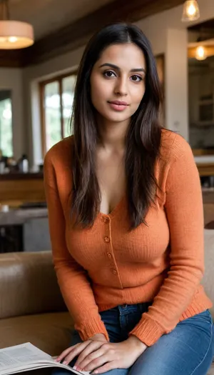 candid pic, photo of a young indian brunette woman reading a book at a coffee shop, sitting on a sofa, wearing jeans, wearing a front open, lite orange wool sweater with cleavage, large natural breasts, deep cleavage, erect nipples, sagging, breasts, <lora:sagging-000015:.8>