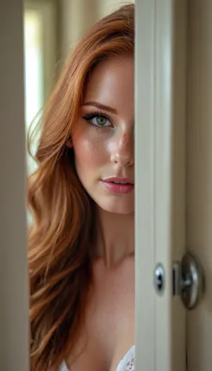 Picture taken through a tiny keyhole in a bedroom door that is in the foreground, Creepy peeping-tom spying image, ((voyeuristic)), peering through a keyhole in the door at a 25 year old athletic woman, British woman, slut wife, she is unaware looking away, door obscures most of the image, she is lying nude on her bed, long redhead hair, she is looking at her phone, laying, realistic detailed face, realistic detailed skin blemishes, freckles, pores, ultimate realism, looking away, whole body, <lora:attractive_notrigger:.9>, <lora:add-detail-xl:.7>, <lora:BUT_SDXL_SHS:.6>