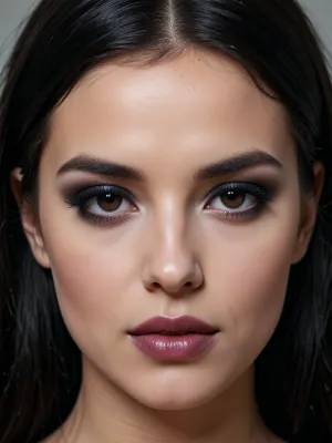 Extremely detailed close-up portrait of a stunning 20-22 year old woman, perfect symmetrical face, large expressive dark brown eyes with prominent black smoky eyeliner and mascara, intense direct gaze, sharply defined arched black eyebrows, straight nose, full sensual lips with dark burgundy matte lipstick, fair porcelain skin, long straight glossy black hair with center part, soft feminine features, high cheekbones, beautiful oval face, photorealistic, hyperrealistic details, 8k resolution