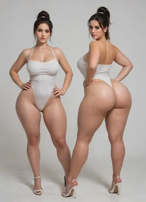 Sexy adult illustration of a sultry. Voluptuous young woman, Photorealistic diptych portrait of the same curvy woman in two panels side-by-side against a seamless white studio background separated by a thin vertical gap, left panel full-frontal view, right panel full-back view, model wearing a form-fitting red mini bodycon dress with deep V neckline in front and low scoop back, white high heels, left pose, confident stance, one hand on hip, other hand lightly touching collarbone, soft natural expression, subtle makeup, loose bangs framing face, right pose, hands on hips, hair pulled into a mid-height ponytail revealing back, weight shifted to one leg, even soft studio lighting, clean soft shadows, high detail skin texture, realistic cloth folds, accurate anatomy and proportions, cinematic color grading, ultra-detailed 4k photoreal, crisp edges, neutral tones, minimal post-processing., (detailed skin texture:1.2), soft expression, massive underbutt, (curvaceous body type:1.3), (huge round ass:1.3), (massive round ass:1.3), (bulging bubble butt:1.3), cleft ass, deep buttcrack, (suggestive pose:1.3), (8k, ultra sharp, professional), <lora:bottomheavy_v1_sdxl_LoRA:2>, <lora:BodyLicious:2>