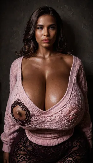 Torso shot, Soft light bedroom backdrop, ((perfect eyes, model face cut, long silky smooth hair)), Young Brown Housewife, (((mommy huge breasts bulging in lace saggy cleavage pink knitted loose pullover, with one nipple slip out, thicc waist, brown skin bust, thicc thighs dark figure))), Indian Brown Beautiful housewife, working in an office setup with glasses, looking in distant, she is thicc at waist, (((ginormous breasts, natural mommy saggy tits, super wide hips, lace white tights))), ((thicc huge plump thighs, thicc cameltoe lace tights, wide hips, wide broad thighs)), fit huge butt, ((knitted words “MOMMY” on sweater:1.4)), raw, lighting, overexposed, harsh, flash, <lora:dark:.8>, <lora:Rawfully Stylish v0.2_epoch_20:.8>, <lora:SDXLHighDetail_v6-000005:.8>, <lora:LCMTurboMix_Euler_A_fix:.4>