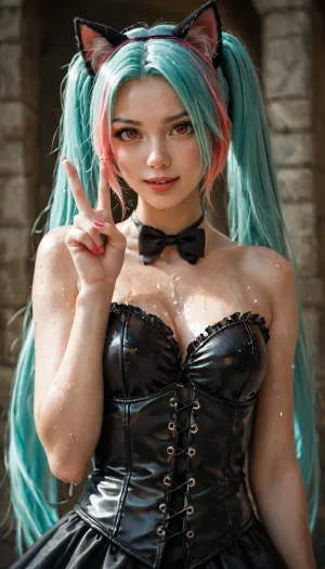 Masterpiece, anime style, 8K, ultra-detailed. Mint from Neverness to Everness mixed with Hatsune Miku. She has turquoise hair with pink highlights, cat ears, red eyes. She wears a black corset outfit with white details. She is standing in a sexy pose, one hand making a peace sign. Her outfit is stylish and detailed. Wet look, 8K resolution, high quality.