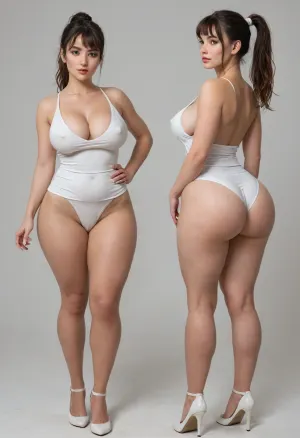 Sexy adult realistic illustration of a sultry. Voluptuous young woman, Photorealistic diptych portrait of the same curvy woman in two panels side-by-side against a seamless white studio background separated by a thin vertical gap, left panel full-frontal view, right panel full-back view, model wearing a form-fitting, (red:1.3), micro mini bodycon dress with deep V neckline, (large cleavage:1.3), (hyper erect nipples:1.3), in front and low scoop back, white high heels, left pose, confident stance, one hand on hip, other hand lightly touching collarbone, soft natural expression, subtle makeup, loose bangs framing face, right pose, hands on hips, hair pulled into a mid-height ponytail revealing back, weight shifted to one leg, even soft studio lighting, clean soft shadows, high detail skin texture, realistic cloth folds, accurate anatomy and proportions, cinematic color grading, ultra-detailed 4k photoreal, crisp edges, neutral tones, minimal post-processing., (detailed skin texture:1.2), soft expression, massive underbutt, (curvaceous body type:1.3), (huge round ass:1.3), (massive round ass:1.3), (bulging bubble butt:1.3), cleft ass, deep buttcrack, (suggestive pose:1.3), (8k, ultra sharp, professional), <lora:bottomheavy_v1_sdxl_LoRA:2>, <lora:BodyLicious:2>