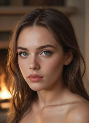 Hyper-realistic cinematic photograph, 8k, close-up, beautiful young nude staring into the fire, from behind, focus on a modern fireplace with a large roaring fire, glowing deep red and orange, deep shadows in the corners, warm soft light flooding the room, cosy interior, Dramatic lighting, Canon EOS R5, 35mm f/2.