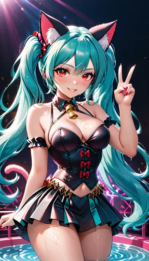 Masterpiece, anime style, 8K, ultra-detailed. Mint from Neverness to Everness mixed with Hatsune Miku. She has turquoise hair with pink highlights, cat ears, red eyes. She wears a black corset outfit with white details. She is standing in a sexy pose, one hand making a peace sign. Her outfit is stylish and detailed. Wet look, 8K resolution, high quality.